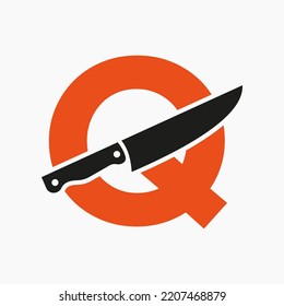 Knife Logo On Letter Q Concept For Restaurant and Kitchen Symbol Logotype