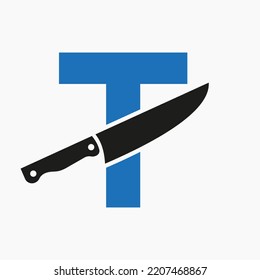 Knife Logo On Letter T Concept For Restaurant and Kitchen Symbol Logotype