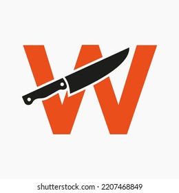 Knife Logo On Letter W Concept For Restaurant and Kitchen Symbol Logotype