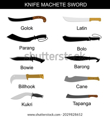 Knife Machete Sword. Infographics. Knife machetes set. Collection of knives for various purposes. Names of combat swords. Combat weapon blades. Sugarcane knife. Agricultural implement. Vector