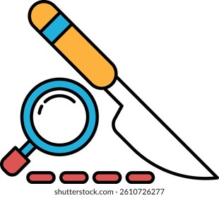 A knife and magnifying glass are drawn together in a cartoon style. The knife is yellow and the magnifying glass is blue. Concept of curiosity and investigation