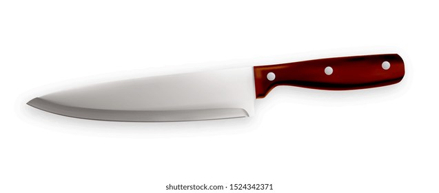 Knife Metallic Meal Kitchenware For Cutting Vector. Stainless Knife With Dark Wooden Handle Domestic Dangerous Razor Instrument. Restaurant Utensil Template Realistic 3d Illustration