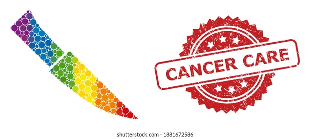 Knife mosaic icon of circle elements in various sizes and rainbow color tones, and Cancer Care corroded rosette seal. A dotted LGBT-colored Knife for lesbians, gays, transgenders, and bisexuals.