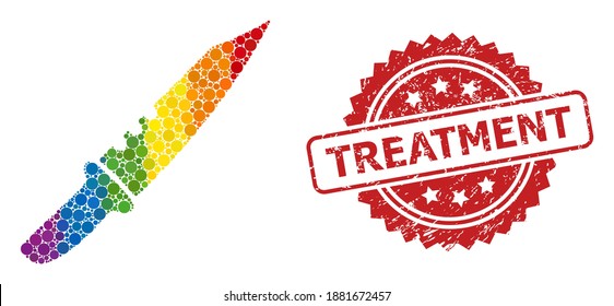 Knife mosaic icon of spheric spots in variable sizes and LGBT colored shades, and Treatment grunge rosette seal imitation. A dotted LGBT-colored Knife for lesbians, gays, transgenders, and bisexuals.