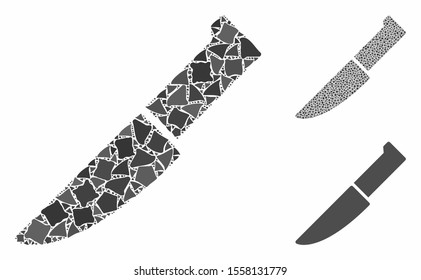 Knife mosaic of rugged items in variable sizes and color tones, based on knife icon. Vector raggy parts are composed into collage. Knife icons collage with dotted pattern.
