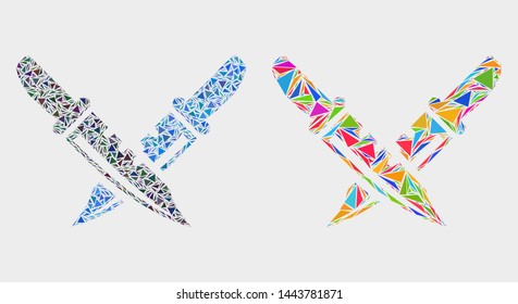 Knife pair mosaic icon of triangle elements which have different sizes and shapes and colors. Geometric abstract vector illustration of knife pair.