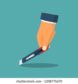 Knife paper holding in hand. Vector illustration flat design. Isolated on background. Office knife  to cut paper. Suitable for opening boxes.