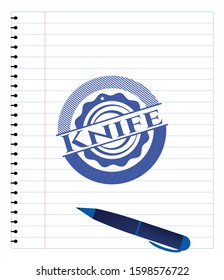 Knife pen draw. Blue ink. Vector Illustration. Detailed.