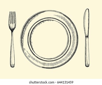 Knife plate   fork  Cutlery vector retro illustration hand drawing