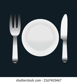 Knife, plate and fork emoji vector illustration isolated on dark background. 