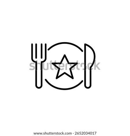Knife, plate, fork and star. Chef VIP dining, high-quality service. Restaurant food. Pixel perfect, editable stroke vector icon