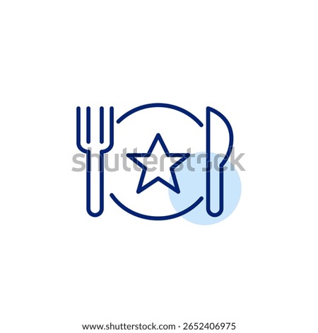 Knife, plate, fork and star. Chef VIP dining, high-quality service. Restaurant food. Pixel perfect, editable stroke vector icon