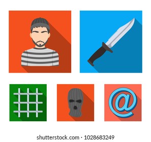 Knife, prisoner, mask on face, steel grille. Prison set collection icons in flat style vector symbol stock illustration web.