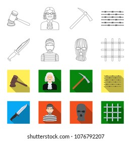 Knife, prisoner, mask on face, steel grille. Prison set collection icons in outline,style vector symbol stock illustration web.