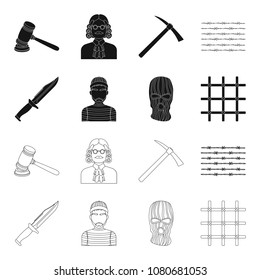 Knife, prisoner, mask on face, steel grille. Prison set collection icons in black,outline style vector symbol stock illustration web.
