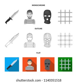 Knife, prisoner, mask on face, steel grille. Prison set collection icons in flat,outline,monochrome style vector symbol stock illustration web.