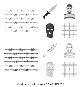 Knife, prisoner, mask on face, steel grille. Prison set collection icons in outline,monochrome style vector symbol stock illustration web.