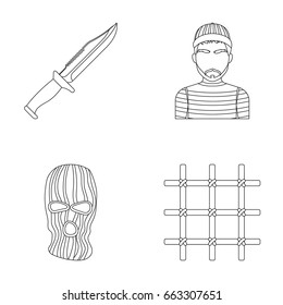 Knife, prisoner, mask on face, steel grille. Prison set collection icons in outline style vector symbol stock illustration web.