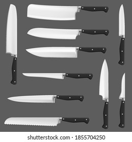 Knife realistic, kitchen chef or butcher meat carving cleavers, vector isolated set. Realistic knives and cut blades with black handle, restaurant or kitchen knives, hatchet ax, bread and meat cutters