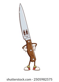 Knife retro groovy kitchenware and utensil character. Isolated cartoon vector confident cutting tool personage standing with hands on its hips and a big smile, exuding a sense of pride and readiness