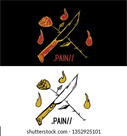 Knife and Rose or Broken Heart Sign for Aesthetical Apparel or Badge Design in Different Color