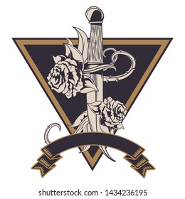 knife with roses drawn in black and white tattoo icon into a triangle and ribbon banner vector illustration graphic design