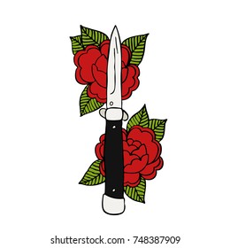 knife with roses traditional tattoo flash