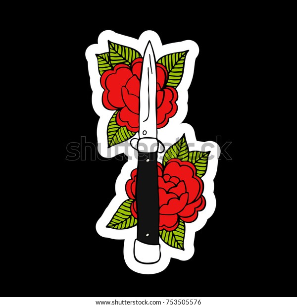 Knife Roses Traditional Tattoo Flash Stock Vector (Royalty Free) 753505576