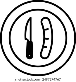 Un cuchillo y salchicha en el plato en estilo de icono de línea
