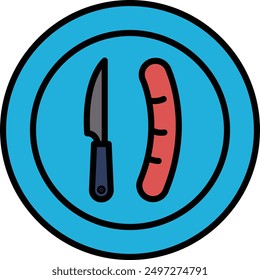 Ein Messer und Wurst auf dem Teller in Linie Symbol Stil