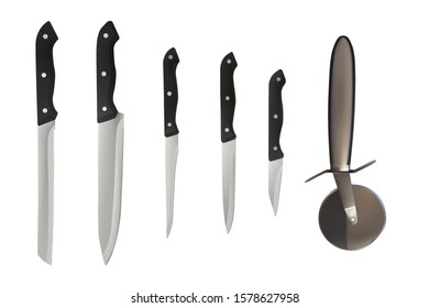 Knife set with black handle. Cutter pizza. Different type. Vector illustration. Food preparation.