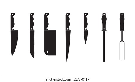 Knife Set black silhouette. Set of different knifes black silhouette icons isolated on white background. Set blade icon design element. Vector illustration