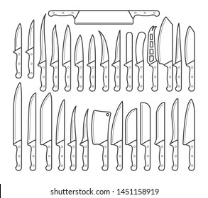 Knife set. Collection of different knives for cooking. Kitchen utensil, sharp and made of metal. Vector illustration in line art style