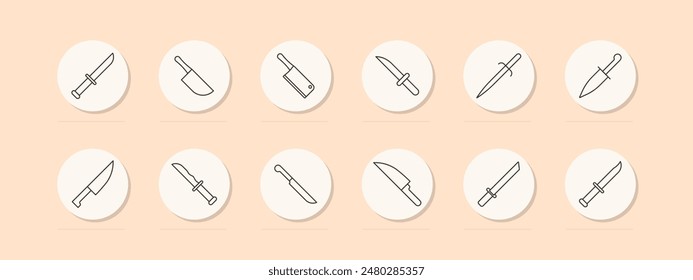 Knife set icon. Chef, cleaver, paring, utility, boning, butcher, slicing. Kitchen, culinary, cooking concept. Vector line icons on beige background.