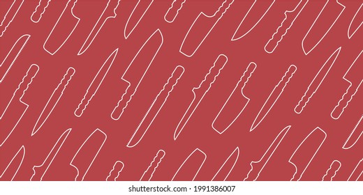 Knife set for kitchen and outdoor cooking. Pattern, background. Knives for cutting. BBQ tools. Steak, cleaver, boning, santoku, slicing, carving, shef knife. Colorful flat isolated vector illustration