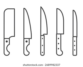 Faca definir ícones lineares isolados no fundo transparente. Inclui cozinha e chef facas esboço. Ideal para preparação de alimentos, cozinhar e design de utensílios de cozinha. Traçado editável.