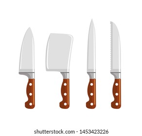 Knife set with wooden handle isolated on white background. Vector illustration of cutlery  in cartoon simple flat style. Kitchenware icon.