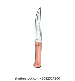 Knife sharp hand tool for food cutting and peeling, hand drawn sketch style vector illustration isolated on white background. Cooking steel knife with wooden handle.