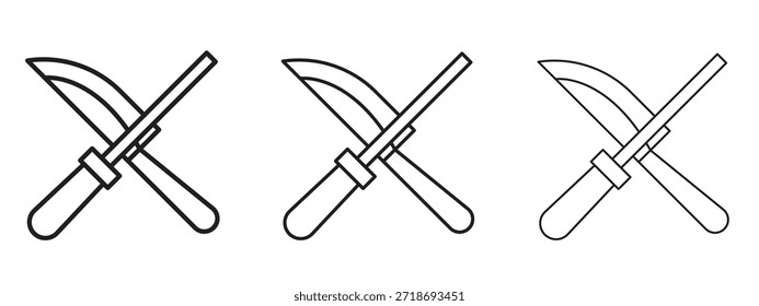 ícone afiador de faca logotipo pictograma preto conjunto. linha fina contorno arte.