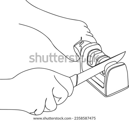 Knife Sharpening Illustration with Hands and Sharpener, Man Sharpening Knife with Grindstone - Vector Art, Knife Sharpening Process , Sharpener and Knife on Wooden Surface