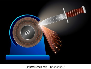 knife sharpening on a grinding machine. Beautiful hunting dagger processed in the workshop, flying bright sparks on a dark background. Realistic Vector Illustration