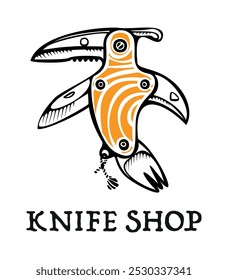 Knife shop logotype template with bird shaped folding knife 