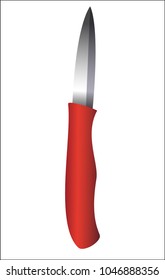 A knife with a short blade and a red handle