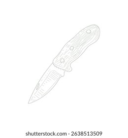 A knife is shown in a black and white drawing. The knife is sharp and has a wooden handle. The knife is not in use and is laying on a white background