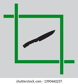 Knife sign. Black icon inside green crop tool at light gray background