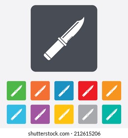 Knife sign icon. Edged weapons symbol. Stab or cut. Hunting equipment. Rounded squares 11 buttons. Vector