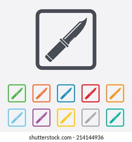 Knife sign icon. Edged weapons symbol. Stab or cut. Hunting equipment. Round squares buttons with frame. Vector