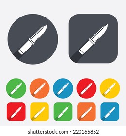 Knife sign icon. Edged weapons symbol. Stab or cut. Hunting equipment. Circles and rounded squares 12 buttons. Vector
