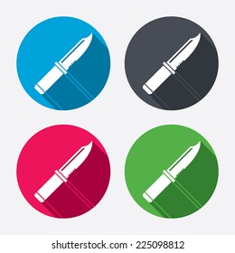 Knife sign icon. Edged weapons symbol. Stab or cut. Hunting equipment. Circle buttons with long shadow. 4 icons set. Vector