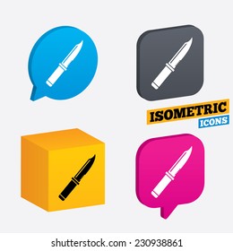 Knife sign icon. Edged weapons symbol. Stab or cut. Hunting equipment. Isometric speech bubbles and cube. Rotated icons with edges. Vector